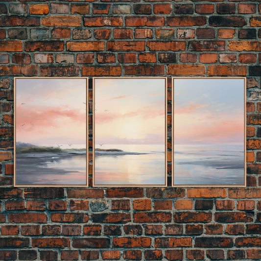 Pink Abstract Coastal Painting Canvas Print Wall Art Vintage Beach Print Girly Apartment Decor Seascape Print, 3 Piece Wall Art, Boho Decor
