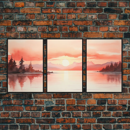 Beautiful Red Lake Sunset 3 Piece Framed Canvas Print Set, Above Sofa Art, Living Room Decor, Beautiful Wall Art, Watercolor Painting