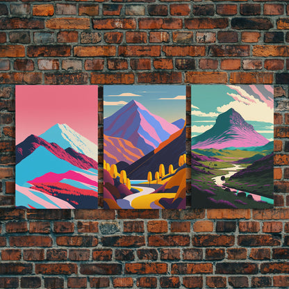 Minimalist Midcentury Wall Art, Framed Canvas Prints, 3 Piece Wall Art, Abstract Art, Modern Wall Decor, Mountain Landscape