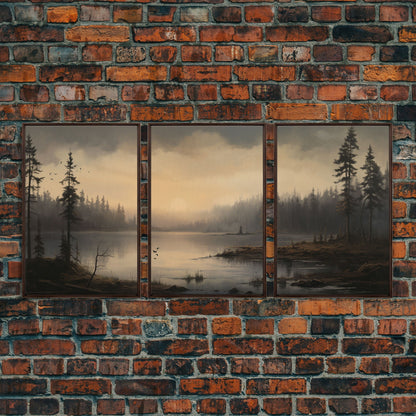 Moody 3 Piece Canvas Wall Art, Solumn PNW Lake At Sunset, Framed Canvas Print 3 Panel Set, Original Landscape Painting, Pacific Northwest